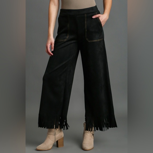 Umgee Full Size Suede Fringe Hem Wide Leg Pants Plus Size
